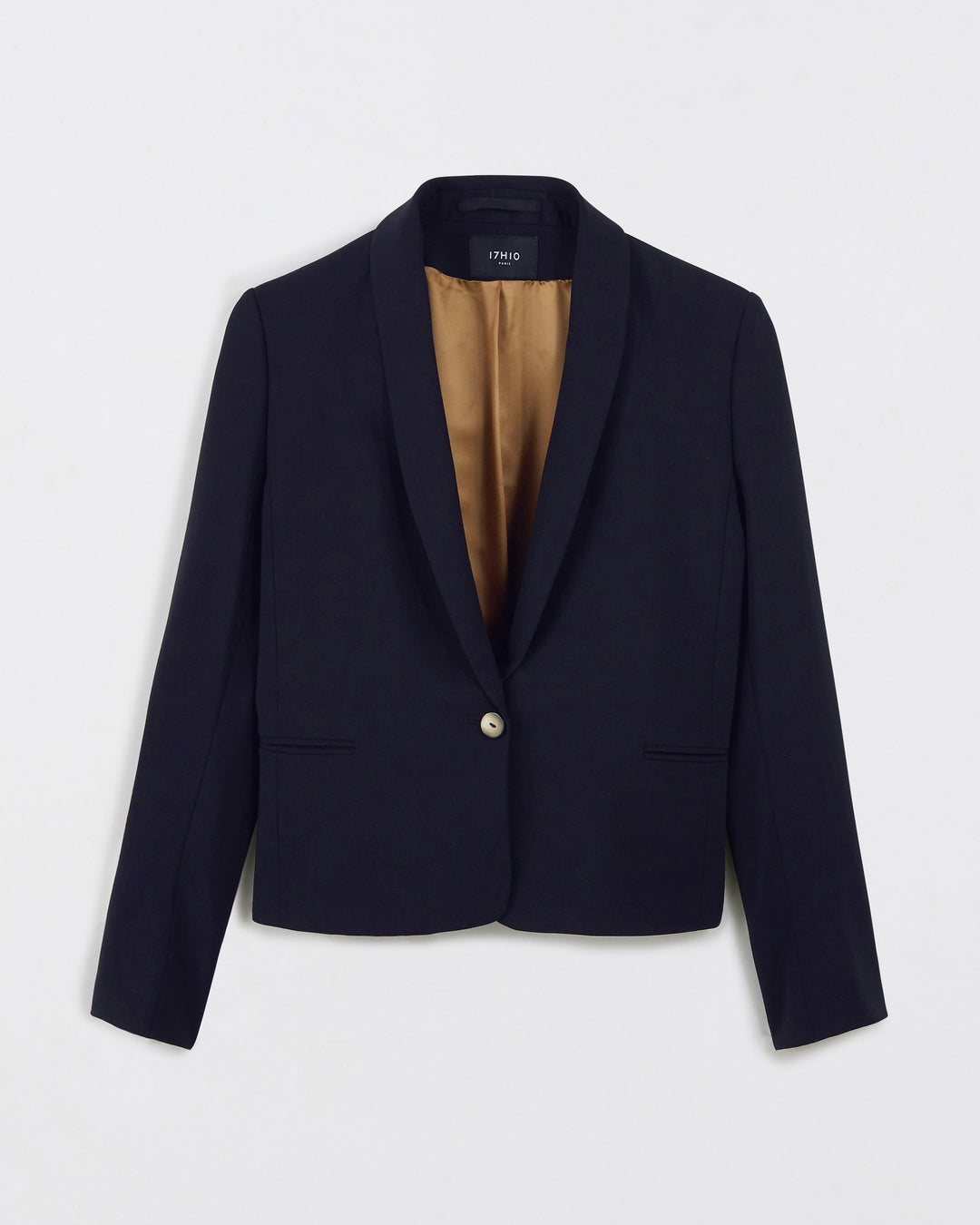 Look business chic femme avec pantalon palazzo bleu marine et veste courte assortie.