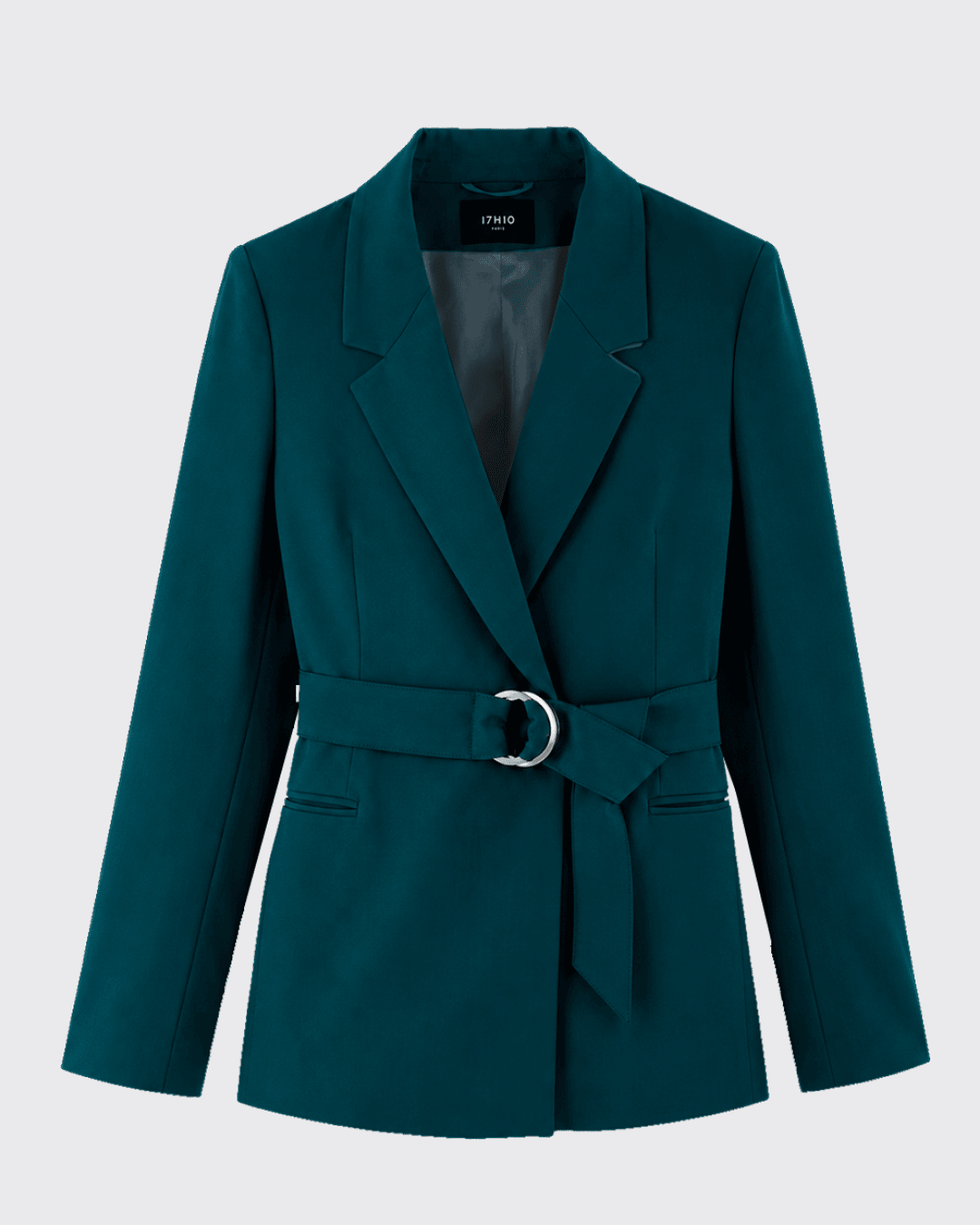 ensemble-tailleur-bleu-canard-femme-chic-veste-ceinturee-pantalon-large-chemise-bleue