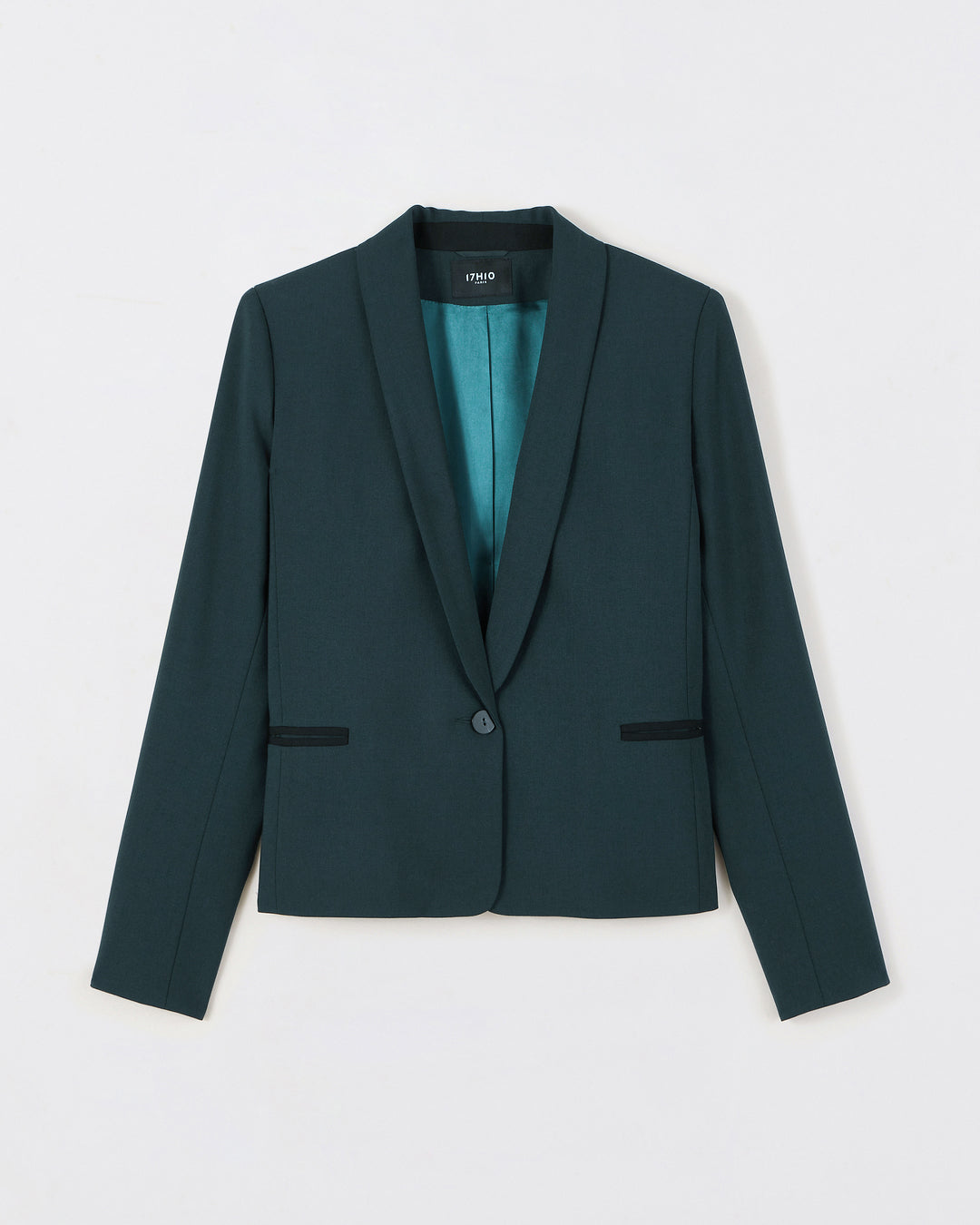 Veste-de-tailleur-verte-Coupe-spencer-Col-châle-Veste-courte-Deux-poches-passepoilées-Une-doublure-beige-lumineuse-Deux-grandes-poches-intérieures-Bouton-noir-17H10-tailleurs-pour-femme-paris-