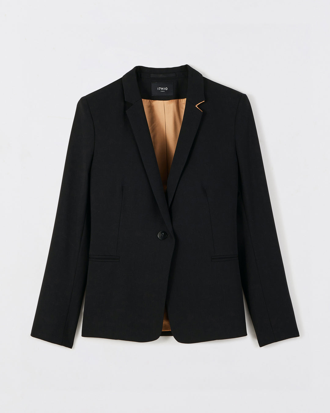 Veste-de-tailleur-blazer-noire-coupe-cintrée-col-tailleur-longueur-sous-les-fesses-deux-poches-passepoilées-deux-poches-intérieures-entièrement-doublée-17H10-tailleurs-pour-femme-paris-